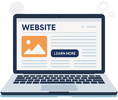 Ilustración moderna de un portátil mostrando el diseño de una página web profesional para pequeños negocios en Las Vegas, con estilo minimalista, colores azul y naranja, y un botón de 'Learn More' en la pantalla.