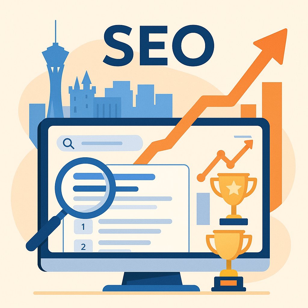 Desktop illustration with search results, upward trend line, magnifying glass and trophies over the Las Vegas skyline—symbolizing local SEO growth.